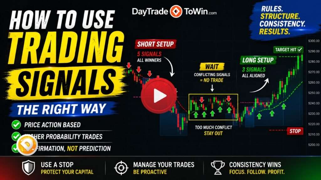 Learn how to properly use trading signals using price action analysis with DayTradeToWin software for NinjaTrader and TradingView