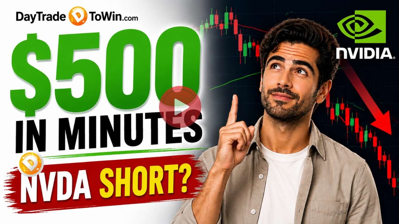 NVIDIA short setup analysis using DayTradeToWin software on TradingView and NinjaTrader showing a potential $500 trading opportunity.