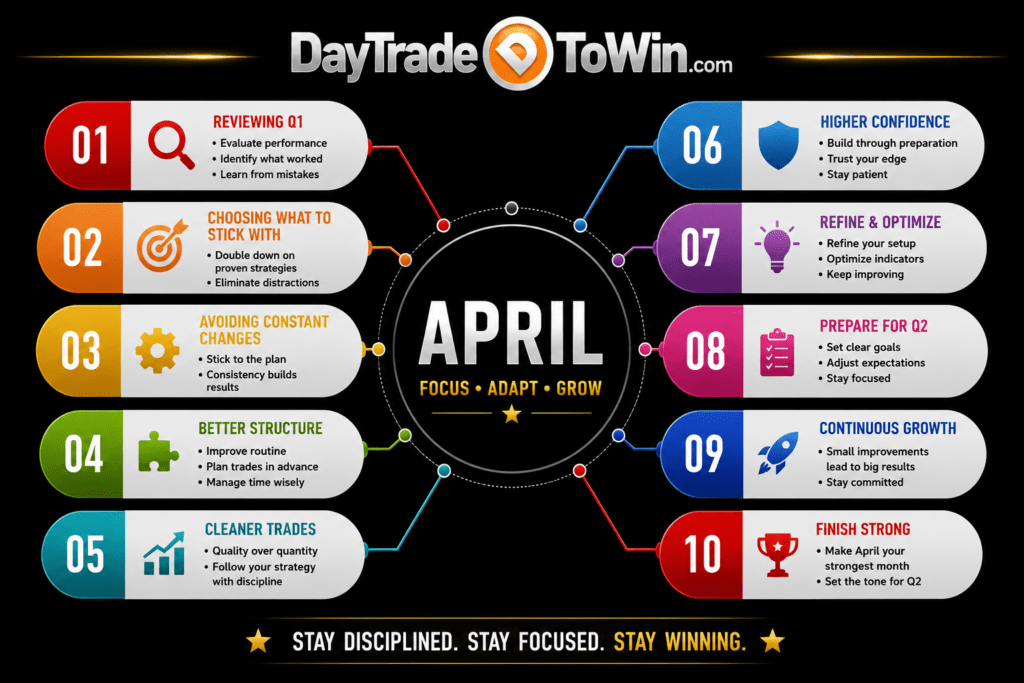 April Yearly Trading Roadmap infographic showing first-quarter review, strategy refinement, trader confidence, structured trading routines, and preparation for the second quarter.