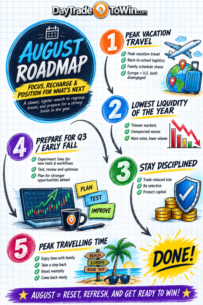August Yearly Trading Roadmap infographic explaining seasonal trader psychology, peak vacation season, lower market liquidity, disciplined trading, preparation for fall markets, and year-end trading opportunities.