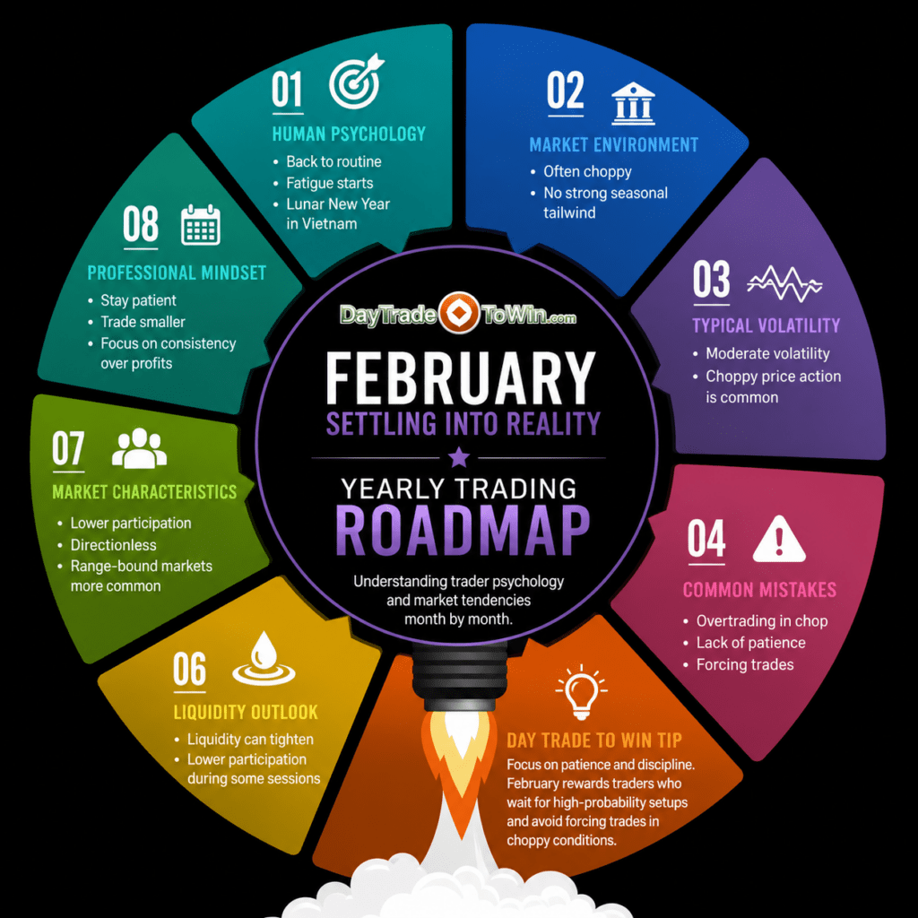 February Yearly Trading Roadmap infographic illustrating trader psychology, market environment, volatility, liquidity outlook, common mistakes, and professional trading mindset during February.