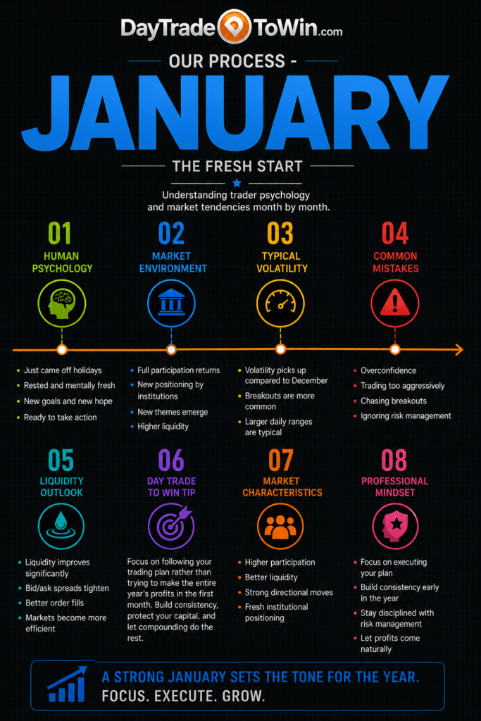 January Yearly Trading Roadmap infographic showing trader psychology, market environment, volatility, liquidity, common mistakes, and professional trading mindset.