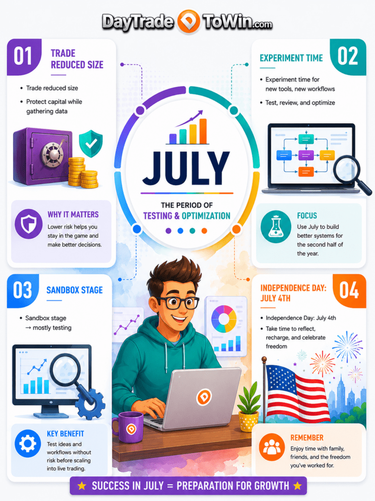 July Yearly Trading Roadmap infographic showing seasonal trader psychology, reduced position sizing, testing new trading systems, sandbox trading, Independence Day, and preparation for the second half of the trading year.