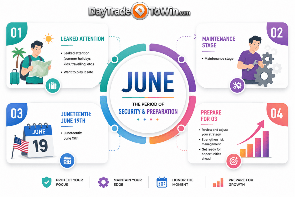 June Yearly Trading Roadmap infographic showing seasonal trader psychology, reduced summer participation, market maintenance, Juneteenth, and preparation for third-quarter trading opportunities.