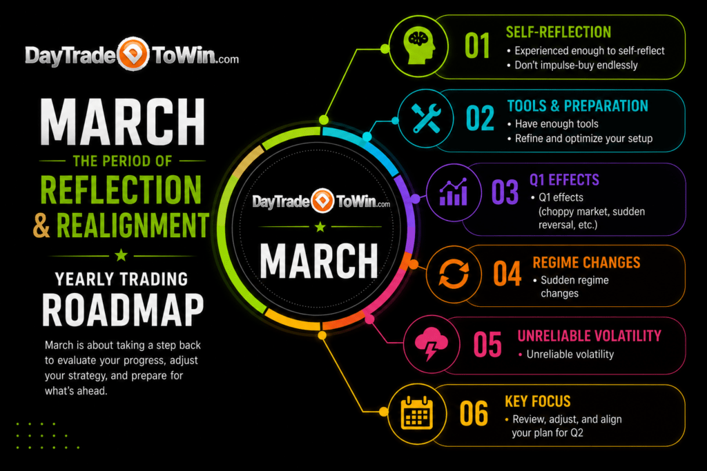 March Yearly Trading Roadmap infographic illustrating trader self-reflection, market regime changes, volatility, strategy refinement, and first-quarter trading psychology.