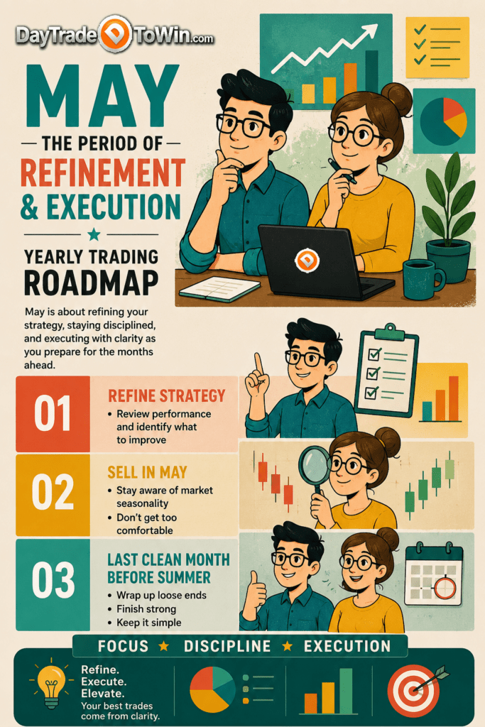 May Yearly Trading Roadmap infographic illustrating trading strategy refinement, seasonal market tendencies, disciplined execution, and preparing for the summer trading months.
