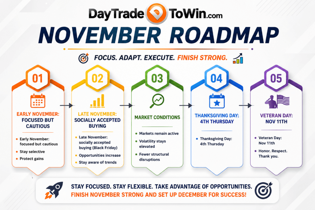 November Yearly Trading Roadmap infographic showing trader psychology during November, year-end market conditions, Thanksgiving, Veterans Day, seasonal buying trends, and preparing for December trading opportunities.