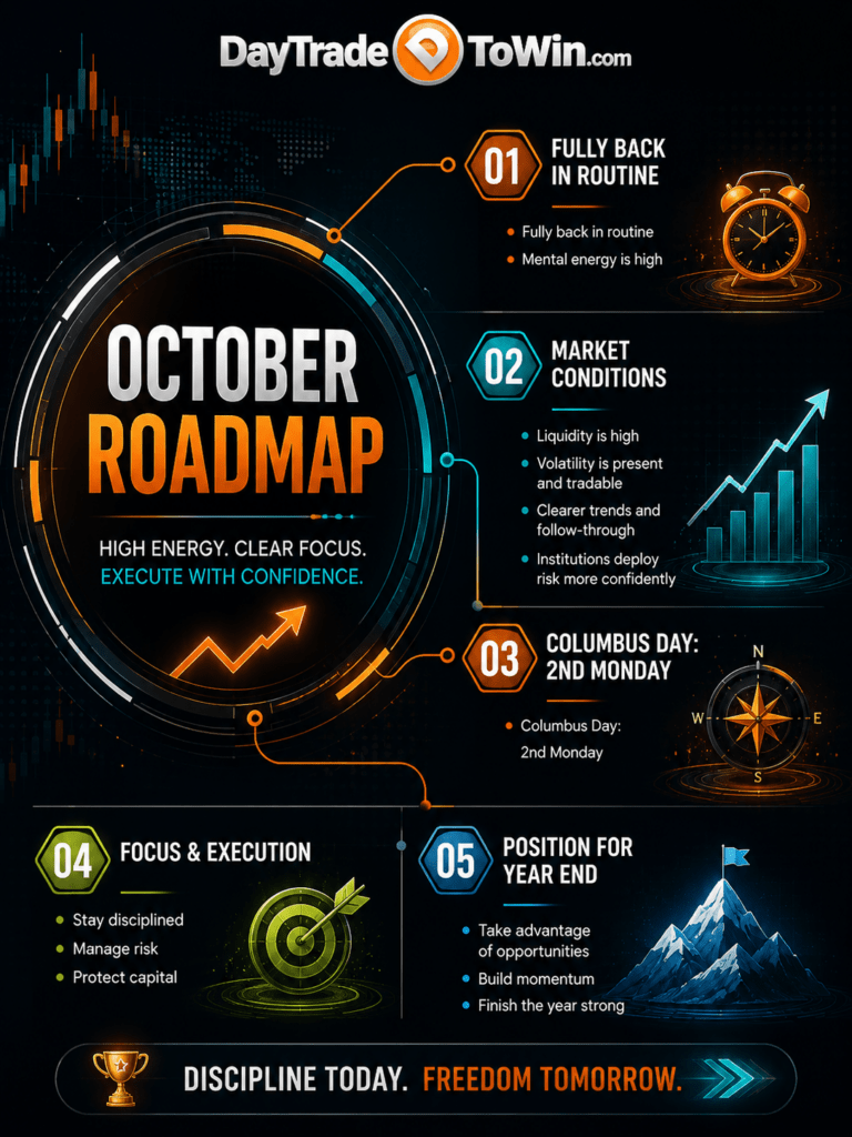 October Yearly Trading Roadmap infographic showing increased market participation, stronger liquidity, institutional positioning, disciplined trading, Columbus Day, and preparing for year-end trading opportunities.