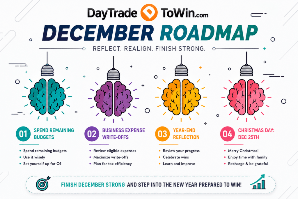 December Yearly Trading Roadmap infographic showing year-end trader psychology, business expense write-offs, trading performance review, Christmas holiday, and preparing for the new trading year.