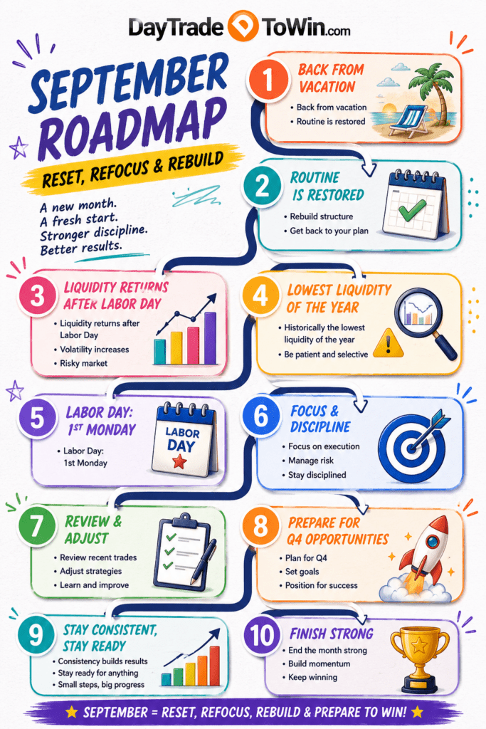 September Yearly Trading Roadmap infographic explaining trader psychology after summer, improving market liquidity following Labor Day, increased volatility, rebuilding trading routines, and preparing for fourth-quarter opportunities.
