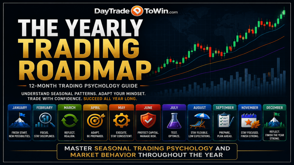 Yearly Trading Roadmap infographic showing January through December trading psychology, seasonal market patterns, and monthly trading strategies with stock charts by DayTradeToWin.