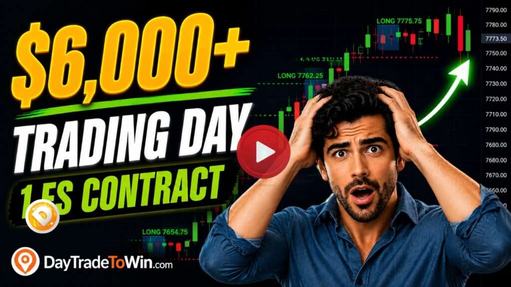 Trader demonstrating a $6,000+ trading day using the Day Trade To Win Sonic System, Blueprint, Trade Scalper, and Atlas Line on live futures market charts.