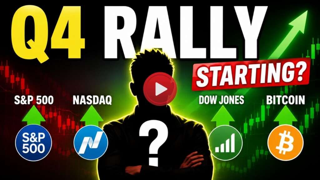 Q4 rally market outlook comparing the S&P 500, Nasdaq, Dow Jones and Bitcoin with rising stock market charts
