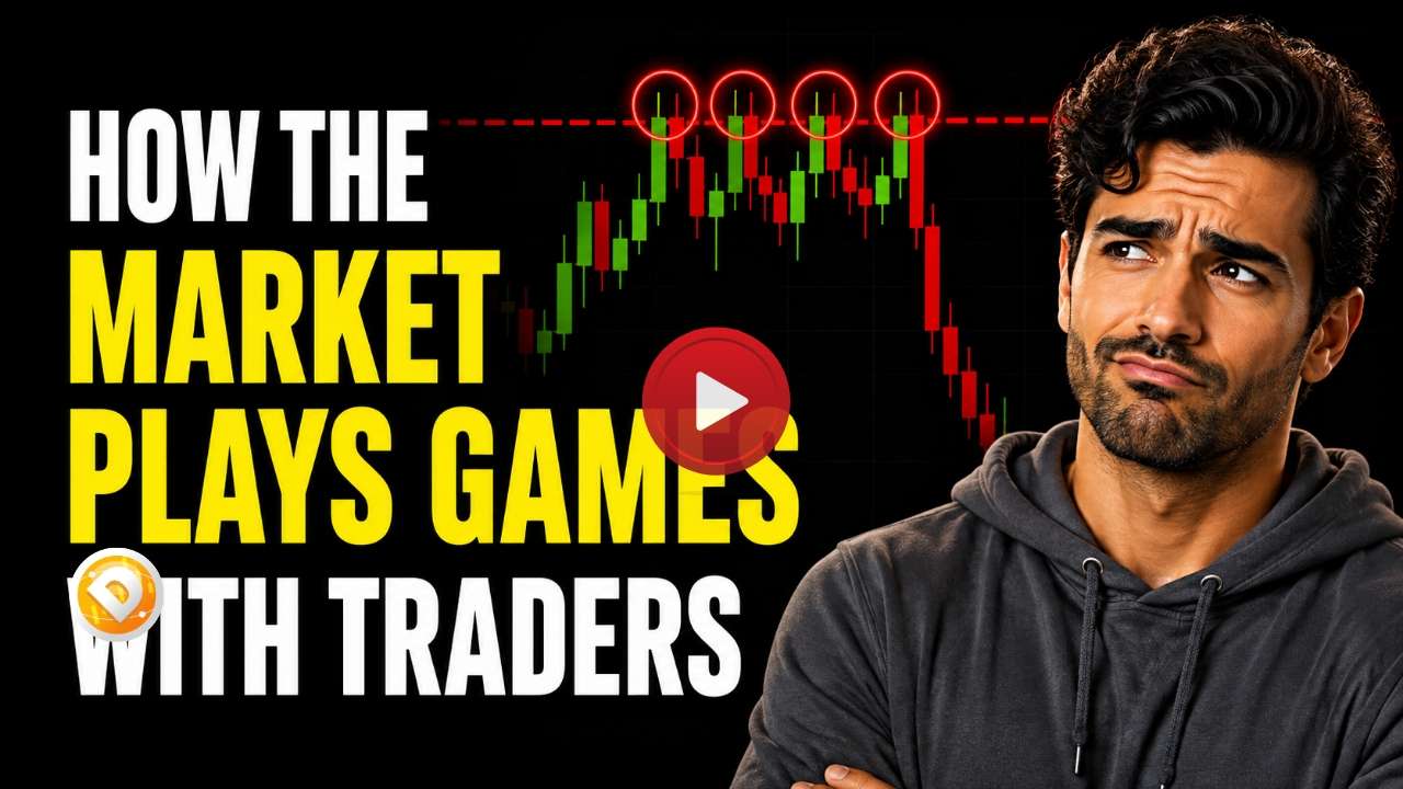 How the Market Plays Games With Traders thumbnail showing a trader, futures candlestick chart, repeated price tests and a market reversal.