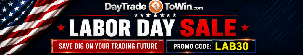 Day Trade To Win Labor Day Sale featuring promo code LAB30 and savings on trading education and software.