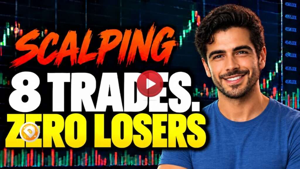 DayTradeToWin Trade Scalper video thumbnail showing a smiling man in a blue T-shirt next to a futures candlestick chart with text reading Scalping, 8 Trades, Zero Losers.