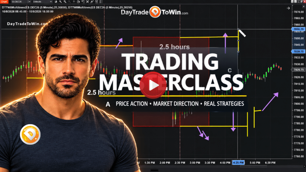 DayTradeToWin Trading Masterclass thumbnail showing a trading instructor, NinjaTrader candlestick chart, and the words Trading Masterclass.